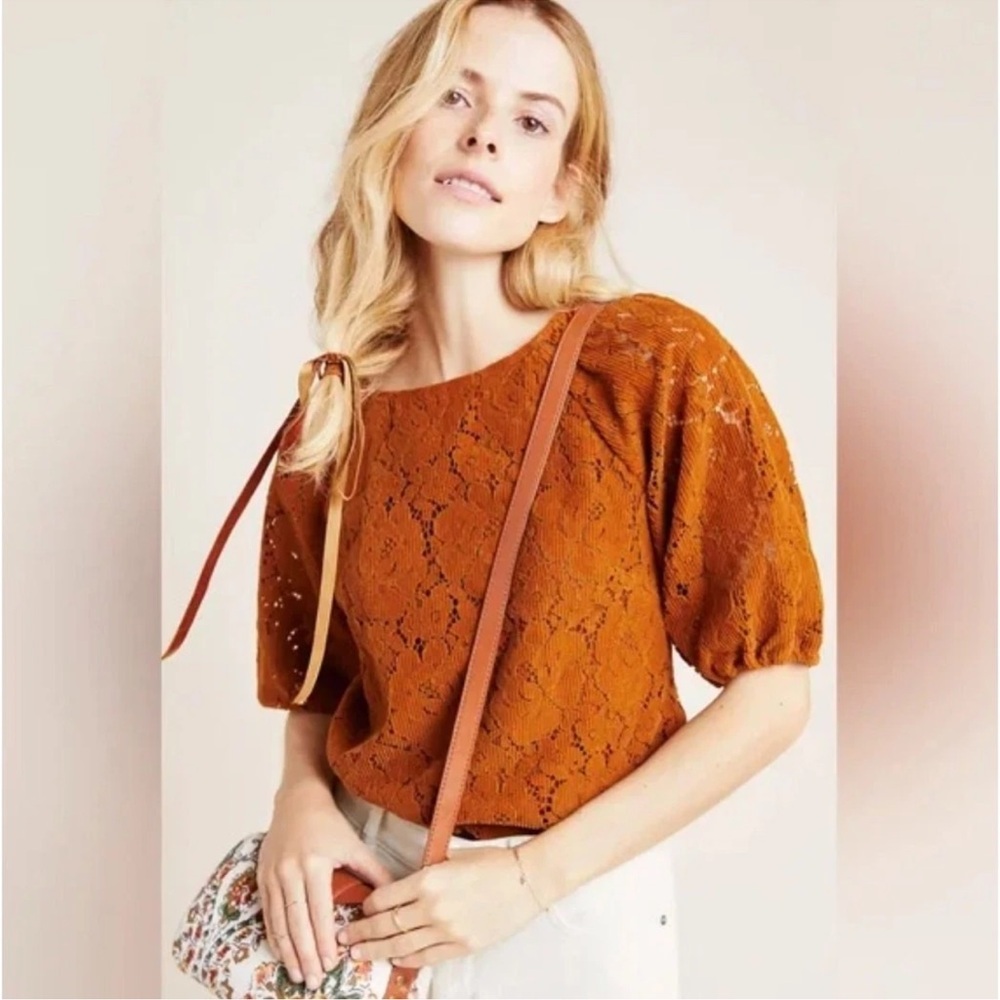 Anthropology Dolan corduroy Lace Puff-Sleeve Top in Rust Orange